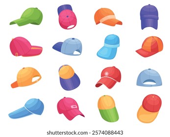 Cartoon sporty caps. Baseball colorful cap, sport headwear for training. Stylish athlete uniform elements, promoter or cashier accessories, nowaday vector clipart