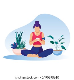 Cartoon Sporty Girl Chatting in Social Media, Listening to Music in Headphones, Using Sport Health Tracking App on Mobile Phone. Woman in Sportswear Sitting near Flowerpots. Vector Flat Illustration