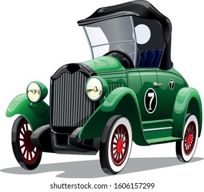 Cartoon sporty green passenger retro car convertible isolated on white background. Vector illustration.