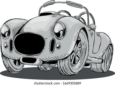 Cartoon sporty retro car convertible. Black-white vector illustration in isolation, on a white background.