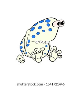 Cartoon spotted big eyed monster frog with big teeth. stroke vector illustration