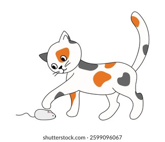 Cartoon spotted cat playing with mouse vector illustration, isolated on white background, pets concept, decorative design element.