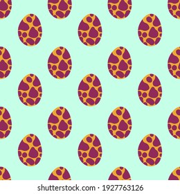 Cartoon spotted dinosaur eggs simple seamless pattern vector. Funny dino orange eggs with purple texture on light green background. Childish dot pattern with eggs of dino world. One of a series