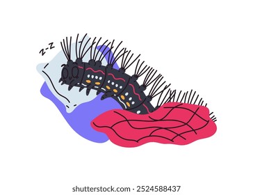 Lagarta preta fofa manchada de desenhos animados dorme no travesseiro sob o cobertor. Inseto de inseto de inseto bonito estilo doodle desenhado isolado no branco. Larva engraçada descansando. Ilustração vetorial