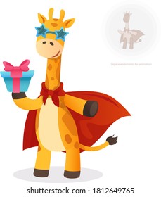 Cartoon Spotted Giraffe in red cloack with present. Vector savanna character for  print, tshirt design and greeting card