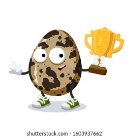 cartoon spotted quail egg mascot holds the number one cup on white background