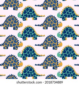 Cartoon spotted stegosaurus dinosaurs childish seamless pattern vector. Funny Jurassic era reptile animals pattern vector