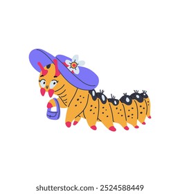 Cartoon spotted yellow caterpillar with fashionable bag and hat decorated with flower. Cute worm insect crawling doodle style drawn isolated. Pretty female maggot move. Vector illustration