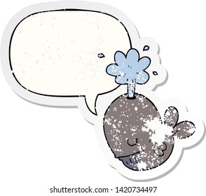 caricatura que arroja ballena con burbuja de habla angustiada pegatina vieja