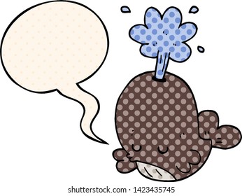 cartoon spouting whale with speech bubble in comic book style