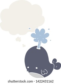 cartoon spouting whale with thought bubble in retro style
