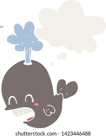 cartoon spouting whale with thought bubble in retro style