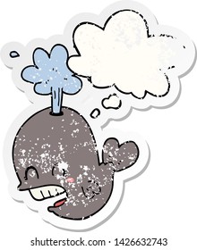 caricatura que arroja ballena con burbuja de pensamiento como pegatina gastada angustiada