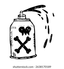 Cartoon of a spray can with skull and crossbones and heart graffiti element.