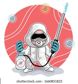 Cartoon spraying disinfectant as a preventive measure against the spread of the COVID-19 coronavirus