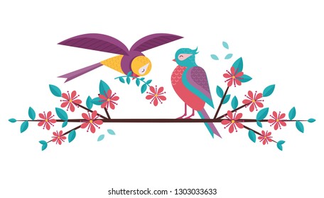 Cartoon spring birds couple in love on blooming tree brunch. Boy bird giving flower to girlfriend sitting on blossom cherry flowers twig. Romantic greeting banner for Valentine's day.