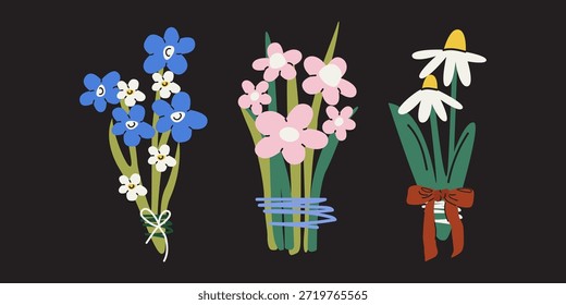 Cartoon Frühlingsstrauss mit verschiedenen Blumen. Süße Wildblumen zum Frauentag, Muttertag und anderen Frühlingsferien. Vektorgrafik
