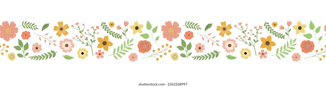 Cartoon spring flowers, leaves, and berries seamless border pattern. Isolated on white background. Colorful garden flowers in a row. Design for stickers, labels, and banners