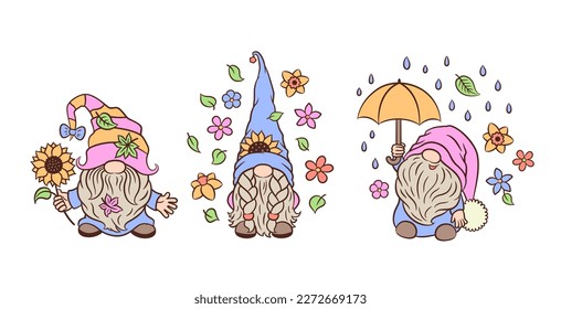 Cartoon spring garden gnomes with sunflowers, holding umbrella, in flowers bloom. Cute nordic gnome Tomte. Funny characters isolated on white. For Easter or mothers day greeting card, poster, sign.