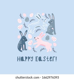 Cartoon spring happy easter printable banner with eggs, bunnies and flowers. Easte banner with flower and eggs, colorful handwritten, and rabbit illustration. Vector Illustration