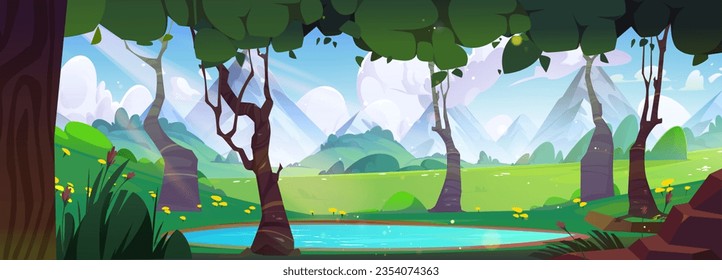 Cartoon spring mountain valley lake surrounded by trees. Vector illustration of summer meadow landscape, green grass and flowers on hills, blue water puddle in forest, fluffy clouds in sunny sky