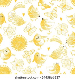 Cartoon spring pattern. Easter vector background with cute bunnies, chickens, butterflies, daffodils.  Perfect for wallpaper, wrapping, fabric and textile, invitation, card, tile, print.