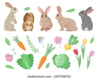 Cartoon spring rabbits. Easter bunnies with flowers and vegetables, funny fluffy animals with greens and leaves flat vector illustration set on white background