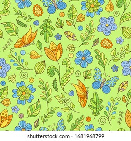 Cartoon Spring Seamless Pattern of Doodles Flowers and Butterflies on Light Green Backdrop. Cute Continuous Background from Hand-drawn Objects of Nature for Fabric, Textile, Pack or Wrapping Paper.