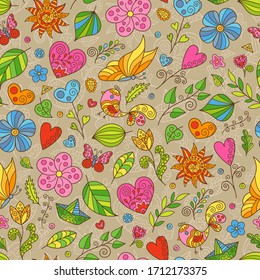 Cartoon Spring Seamless Pattern of Doodles Flowers, Butterflies and Leaves on Brown Backdrop. Cute Continuous Background from Hand-drawn Objects of Nature for Fabric, Textile, Pack or Wrapping Paper.