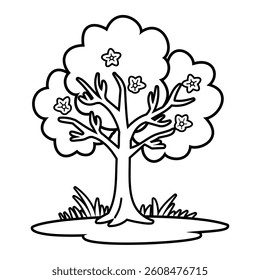 Cartoon spring tree vector illustration in black and white isolated on white background	