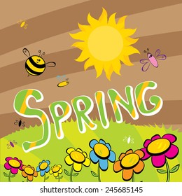 cartoon Spring word, flowers and butterfly vector. cartoon spring landscape illustration