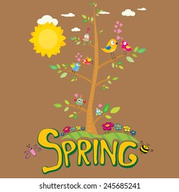 cartoon Spring word, flowers and butterfly vector. cartoon spring landscape illustration