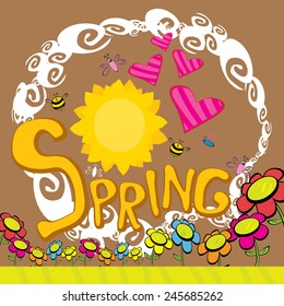 cartoon Spring word, flowers and butterfly vector. cartoon spring landscape illustration