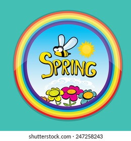 cartoon Spring word, flowers and butterfly vector. cartoon spring landscape illustration