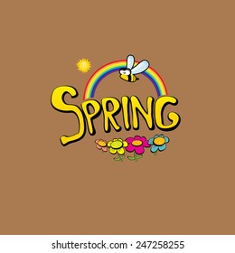 cartoon Spring word, flowers and butterfly vector. cartoon spring landscape illustration