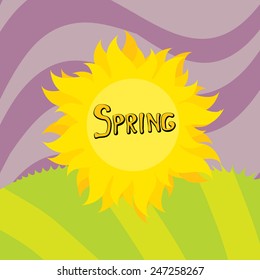 cartoon Spring word, flowers and butterfly vector. cartoon spring landscape illustration