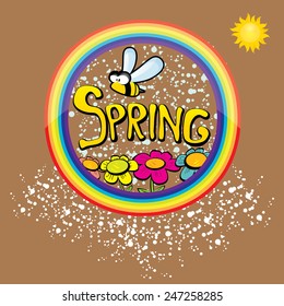 cartoon Spring word, flowers and butterfly vector. cartoon spring landscape illustration