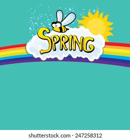 cartoon Spring word, flowers and butterfly vector. cartoon spring landscape illustration