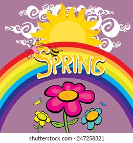 cartoon Spring word, flowers and butterfly vector. cartoon spring landscape illustration