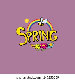 cartoon Spring word, flowers and butterfly vector. cartoon spring landscape illustration