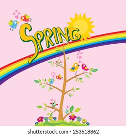 cartoon Spring word, flowers and butterfly vector. cartoon spring landscape illustration