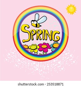 cartoon Spring word, flowers and butterfly vector. cartoon spring landscape illustration