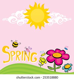 cartoon Spring word, flowers and butterfly vector. cartoon spring landscape illustration