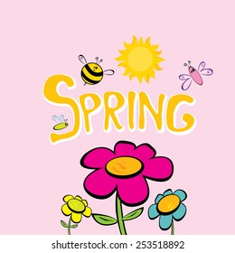 cartoon Spring word, flowers and butterfly vector. cartoon spring landscape illustration