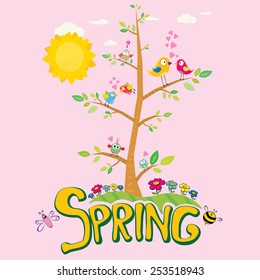 cartoon Spring word, flowers and butterfly vector. cartoon spring landscape illustration