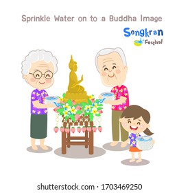 Cartoon Sprinkle Water on to a Buddha Image Vector