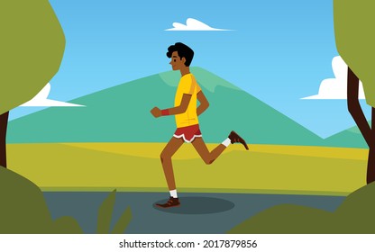 Cartoon sprinter running in summer nature with mountain hill landscape - athlete runner man smiling and jogging in sport clothes. Flat vector illustration.