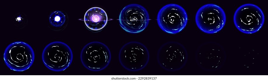 Cartoon sprite sheet of star explosion vfx isolated on black background. Vector illustration of blast effect animation set, magic power hit, blue light energy impact. Fireball strike storyboard