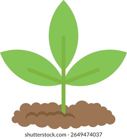 Cartoon sprout with three green leaves growing from brown soil, illustrated in a flat, minimal style for nature, growth, or eco-friendly themed content.
