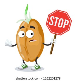 cartoon sprouted wheat seed mascot with tablet stop in hand on white background